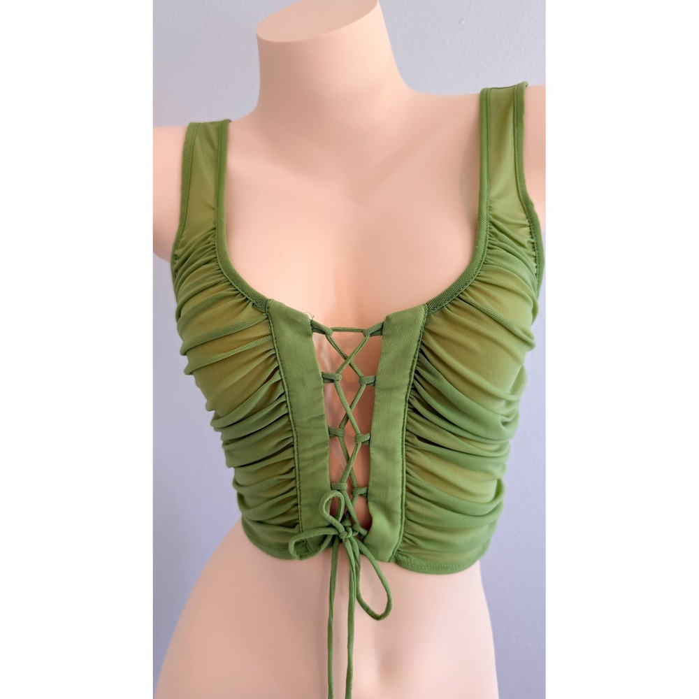 Urban Outfitters Green Mesh Ruched Lace Up Corset Tank Top Small Fairycore Boho